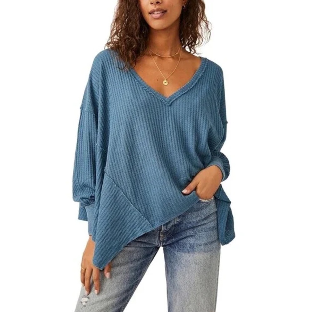 Free People We The Free Blue Waffle Knit V Neck Oversized Boho Top- Small